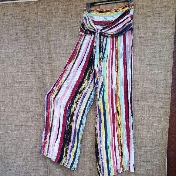 Multicolor Striped Women's Wide Leg  Pants Smoked Waist - Picture 1 of 5
